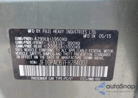 2015 Subaru Impreza 2.0I Premium from USA, damaged, VIN JF1GPAC67FH284002